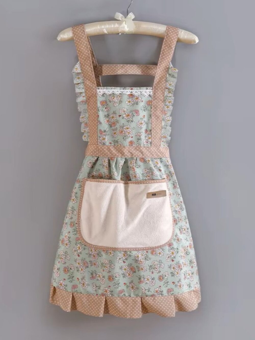 Green Floral Apron Kitchen Cooking Baking Housework Maid Cottage Large Pocket